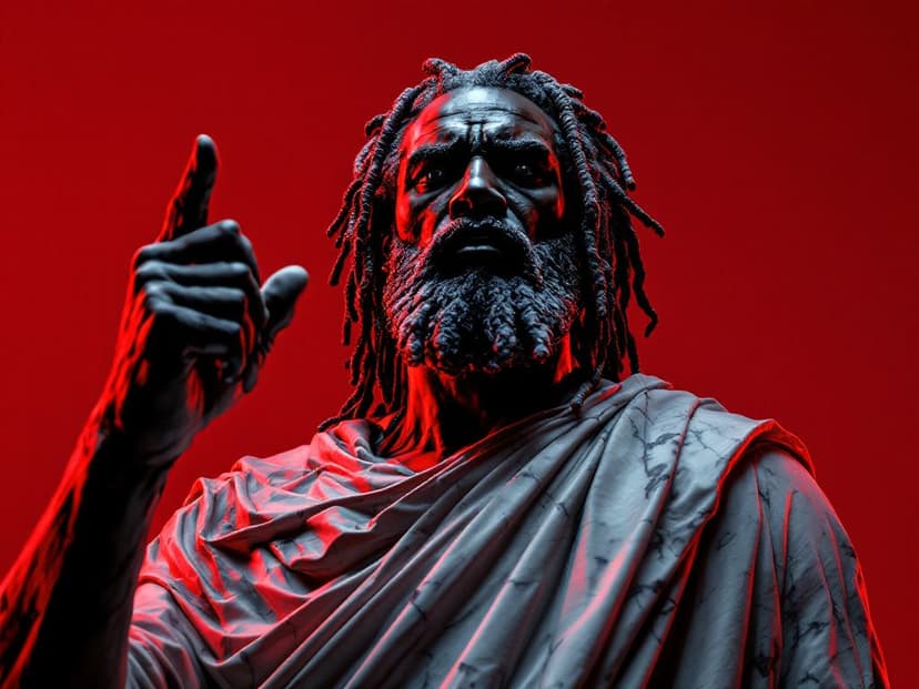 A marble sculpture of an afro stoic marble statue, powerful man, shown from the waist up with one hand raised in a commanding gesture. The bright red and black lighting creates deep shadows, accentuating his fierce gaze and detailed beard with the style of Ancient Africans with dread locks