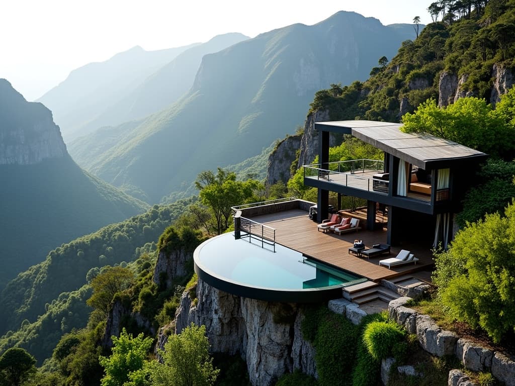 A stunning, modern luxury African lifestyle house situated on a mountainside, surrounded by lush greenery and dramatic landscapes. The structure is sleek, with clean lines and dark tones, blending harmoniously with the natural environment. A circular infinity pool extends from the deck, creating a seamless connection with the valley and mountainous backdrop. The water's edge reflects the sky, adding a sense of serenity and openness to the scene. The surrounding landscape features tall cliffs, dense forests, and misty mountain peaks, evoking a tranquil and secluded atmosphere. The combination of modern architecture and breathtaking nature makes the scene particularly striking and serene