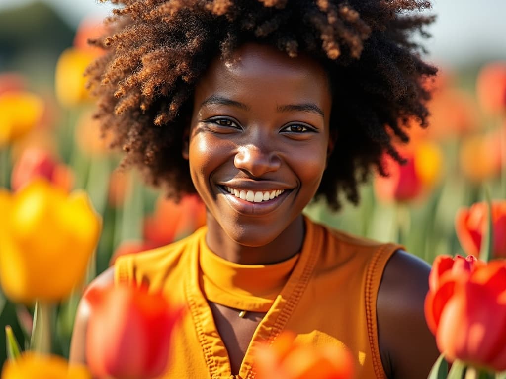 A macro photo of a african woman model saint laurent look with flowers, motion blur with a blurred background, a light and airy feel, natural lighting with African lifestyle