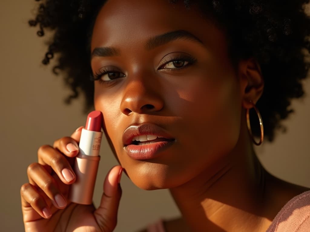 Scene & Framing • 9:16 vertical beauty close-up of the an Afro American Modern Woman model, angled slightly three-quarter so we see cheek, eye, and lips. • The iljé Morning Dew blush stick remains hero: held at mid-cheek, logo fully legible, balm gently touching skin. • Tight crop--just enough negative space around product to breathe. Lighting & Mood • Replace cool studio key with a single warm, late-afternoon bounce--think golden-hour window light. • Use a subtle fill reflector to soften shadows, but keep micro-contrast so pores, soft peach-fuzz, and natural sheen all show. • Overall tone: sun-kissed, elegant, intimate