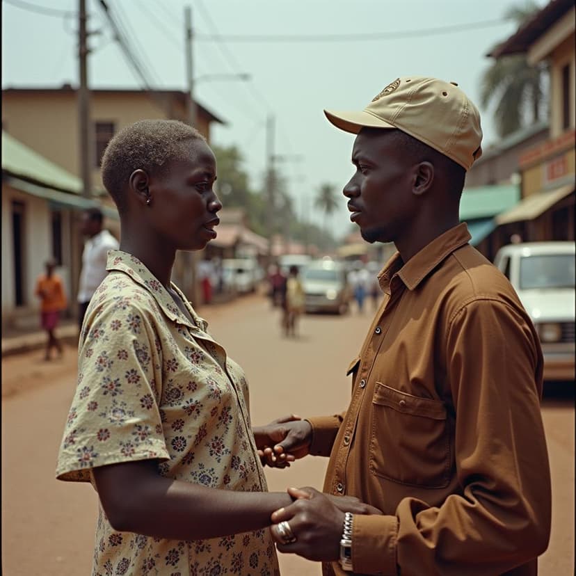 35mm film shot of a 80 year old African woman talking to a 40 year old man, holding her arm, embarrassed. The man is kind. They are in the middle of a busy street of africa, nigeria city with wax