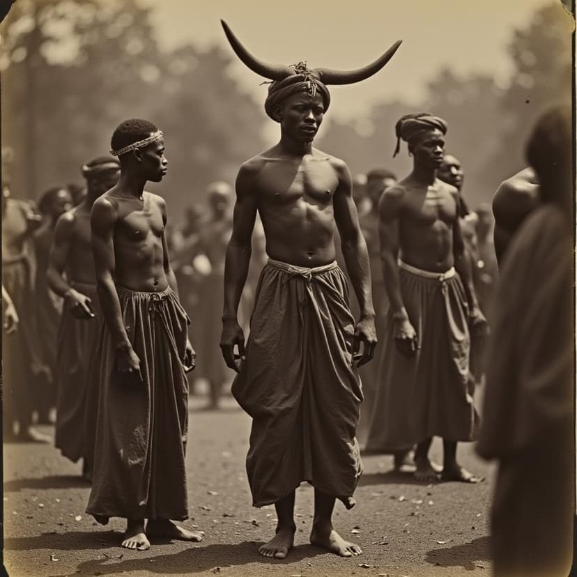 8K old photography of Africans dancers (egwi, eland, elko; 1900), in the style of fujifilm neopan, brooding mood, historical documentation, manticore, detailed crowd scenes, fine feather details, quiet contemplation with the style of Ancient Africans